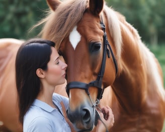 A white horse is inside a stable with wooden beams and a metal grid fence. The horse is wearing a harness with a person standing next to it, adjusting the harness or leash. The stable is well-lit with fluorescent lights and has a sawdust-covered floor.