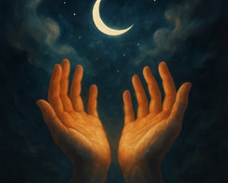 Two glowing hands reach upward beneath a crescent moon in a swirling night sky.