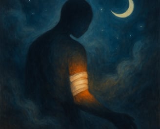 A glowing bandage wraps the arm of a shadowed figure beneath a crescent moon in a misty night sky.