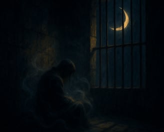 A solitary figure sits in a dark jail cell, bathed in moonlight from a barred window beneath a moon