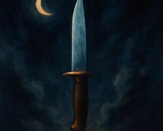 A glowing knife floats upright in swirling mist beneath a crescent moon in a dark night sky.
