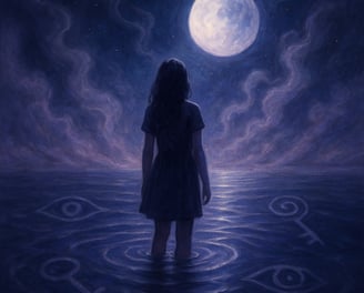 a woman standing in the water with a full moon in the background