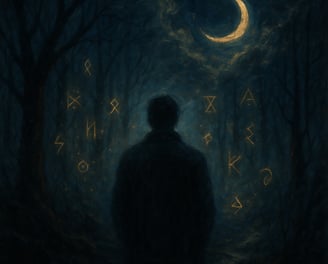 A figure stands lost in a misty forest under a crescent moon, glowing runes floating around them.