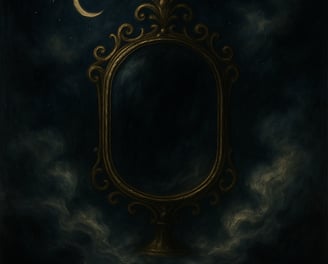An ornate antique mirror floats in swirling night clouds beneath a crescent moon in a dark sky.