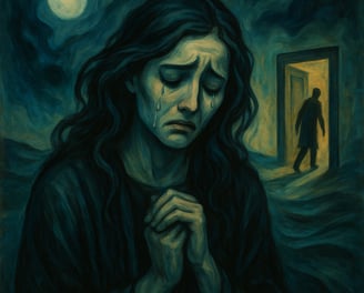 a painting of a woman with a teary face and a man in a black