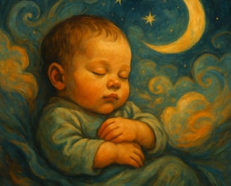 Sleeping baby in swirling clouds beneath a glowing moon.