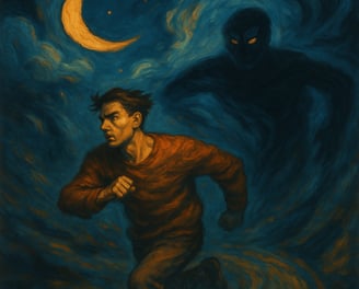 A man runs under a crescent moon, chased by a dark shadowy figure swirling in mist.
