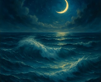 Moonlight reflects on deep blue ocean waves beneath a crescent moon and swirling night sky.