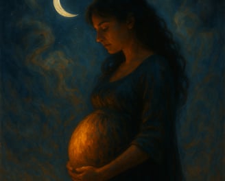 A serene pregnant woman cradles her glowing belly beneath a crescent moon in a misty night sky.