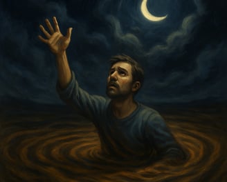 A man reaches upward while sinking in glowing quicksand beneath a crescent moon and swirling clouds.