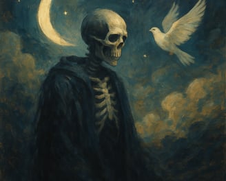 A cloaked skeleton stands under a crescent moon as a white dove flies away through swirling clouds.