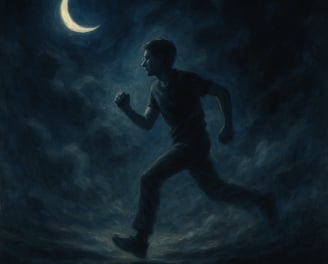 A lone figure runs through swirling night mist beneath a crescent moon in a dreamlike sky.