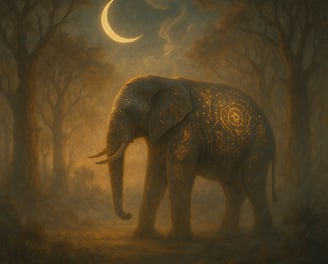 A glowing elephant with tribal markings stands in a misty forest beneath a crescent moon.