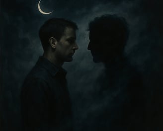 A man stands face-to-face with his shadow beneath a crescent moon in swirling mist.