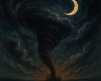 A swirling tornado rises beneath a crescent moon, glowing with orange light against a dark, sky.