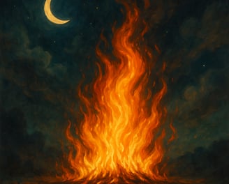 A large fire blazes beneath a crescent moon, casting warm light through swirling night clouds.