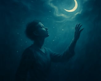 A figure floats underwater reaching toward a glowing crescent moon above, surrounded by ripples.