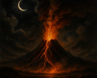 An erupting volcano beneath a crescent moon with glowing lava and dark clouds.