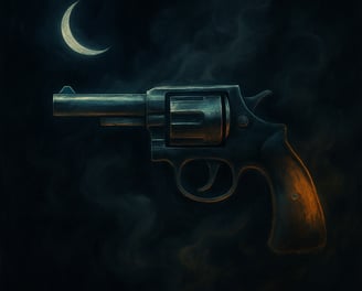 A glowing revolver floats in swirling smoke beneath a crescent moon in a dark sky.