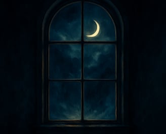 A glowing crescent moon is seen through an arched window in a dark room filled with mist.