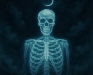 A glowing blue X-ray of a human skeleton stands beneath a crescent moon in a dark, starry sky.