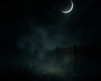 A moonlit yard with mist, overgrown grass, and a broken fence beneath a crescent moon.