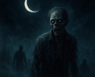 A zombie stands under a crescent moon surrounded by swirling mist.