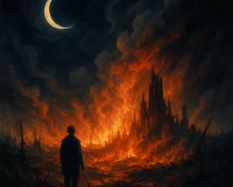 A lone figure watches a city burn beneath a crescent moon in a fiery, apocalyptic dreamscape.
