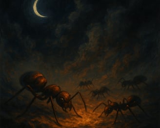 Large glowing ants crawl across illuminated ground beneath a moon in a dark, dreamlike night.