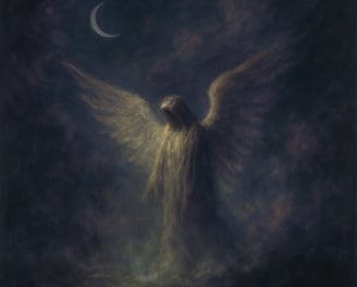 A glowing angel with wings stands in mist beneath a crescent moon.