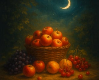A basket of apples and fruit sits on a table beneath a crescent moon in a glowing, moonlit forest.