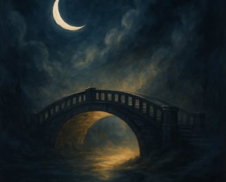 A stone bridge arches over glowing mist beneath a crescent moon in a dreamlike night sky.