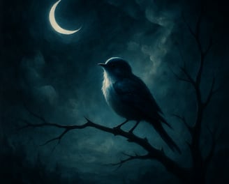 A lone bird perches on a bare branch beneath a crescent moon in a misty night sky.