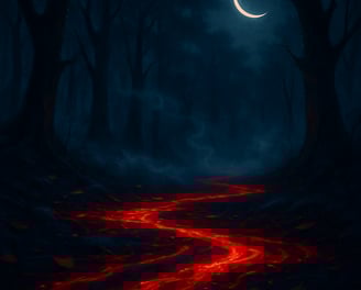 A glowing red stream of blood winds through a dark forest beneath a crescent moon.