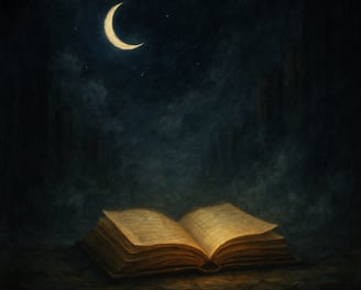 A glowing open book rests under a crescent moon in a dark, misty night scene
