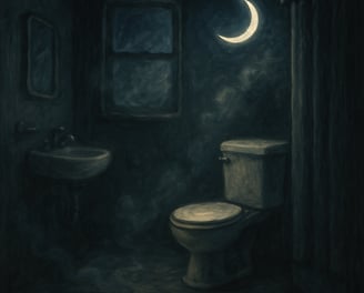 A dimly lit bathroom glows with moonlight through a window, casting shadows on foggy tiles and porce
