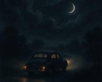 A vintage car drives down a misty road beneath a crescent moon in a surreal night sky.