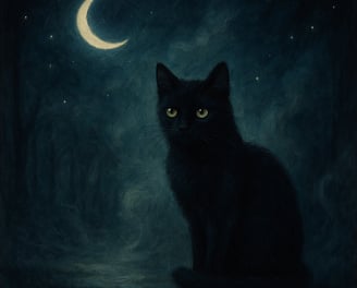 A black cat with glowing eyes sits in swirling mist beneath a crescent moon.