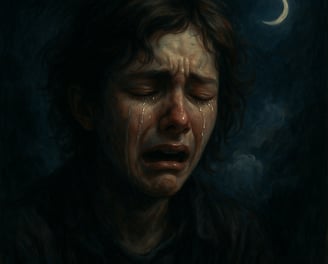 A tearful figure cries beneath a crescent moon, surrounded by swirling night mist.