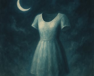 A glowing vintage dress floats in mist beneath a crescent moon in a dark dreamscape.