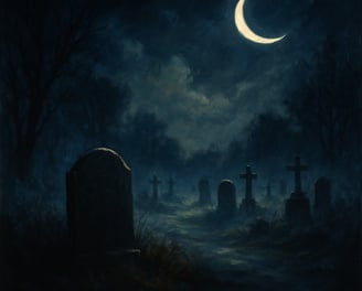 A misty cemetery glows under a crescent moon, with shadowy headstones and bare trees.