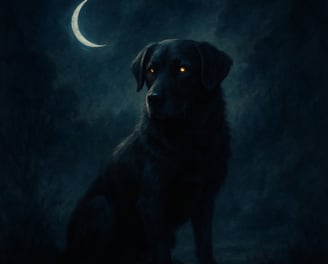 A black dog with glowing eyes sits in mist beneath a crescent moon.