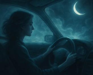 A woman drives through a moonlit mist beneath a crescent moon, her face softly lit in a dreamlike ni