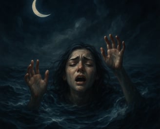 A young woman struggles in stormy water beneath a crescent moon, hands reaching upward in anguish.