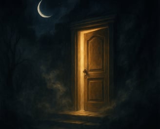 A glowing wooden door stands slightly open in mist beneath a crescent moon.