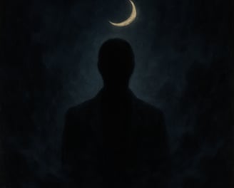 A faceless figure stands in darkness beneath a glowing crescent moon, surrounded by swirling mist.