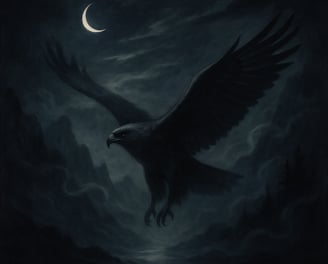 An eagle soars through a misty mountain sky beneath a glowing crescent moon.