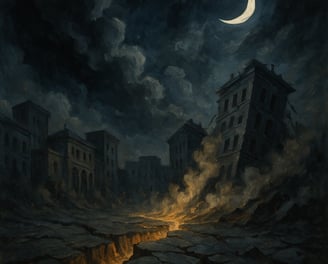 A crumbling city splits under an earthquake with fire and smoke rising beneath a crescent moon.