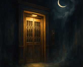 An old glowing elevator stands in mist beneath a crescent moon in a dim, dreamlike hallway.