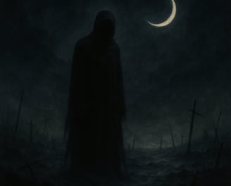 A faceless cloaked figure stands in a battlefield under a crescent moon, by broken crosses.